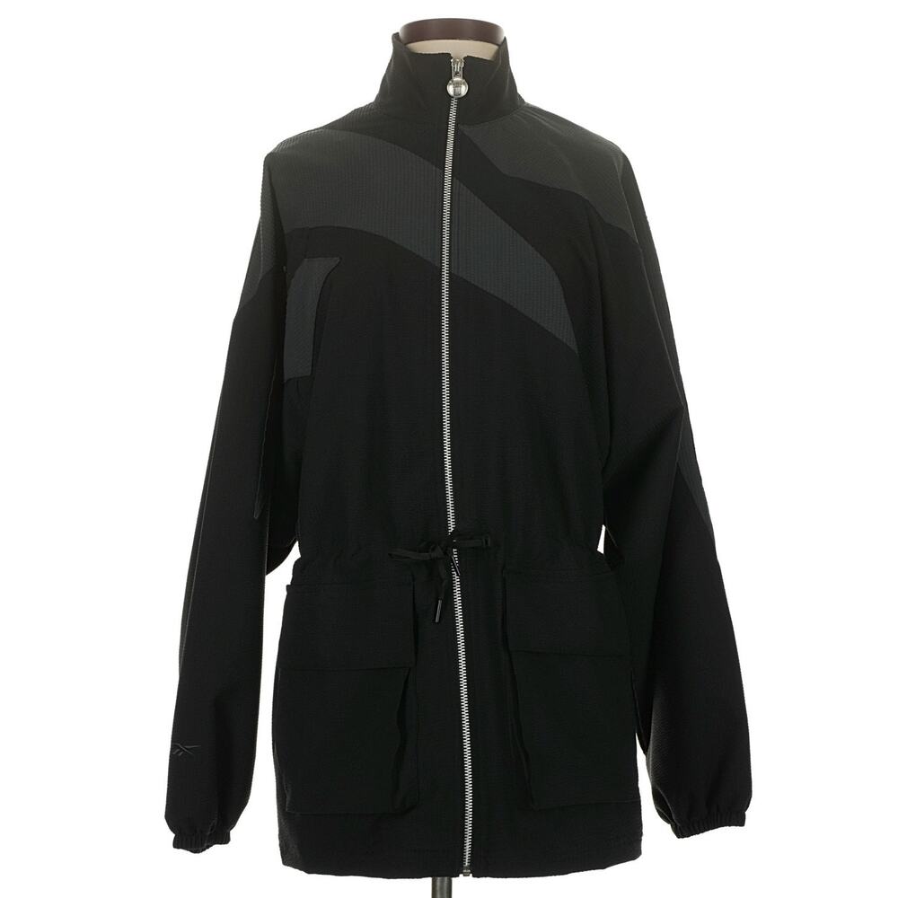 Reebok x Anine Bing Windbreaker Track Jacket Zip Up Seersucker Black Gray XS